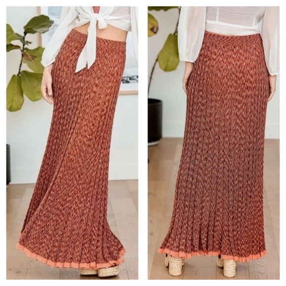 Free People Gold Coast Marbled Print Pleated Knit Boho Maxi Skirt, EUC! - Picture 1 of 10